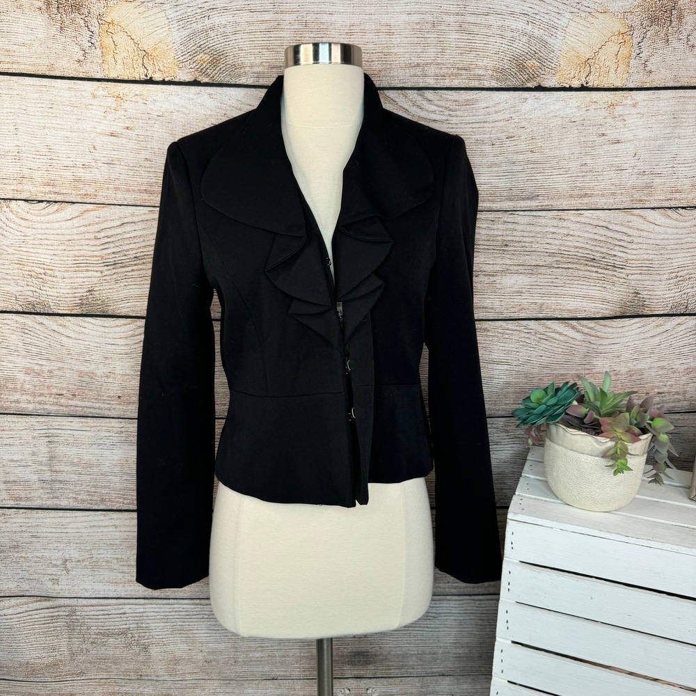 Rafaella Petite Black Ruffle Lapel Peplum Blazer Jacket Size 6P Hook Eye Front